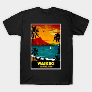 Waikiki Hawaii Diamond Head Tourism Advertising Print T-Shirt